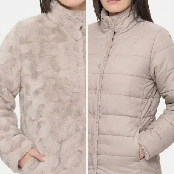 NWT Nicole Miller Reversible Faux Fur Puffer Jacket Tan Size Small - Picture 1 of 16